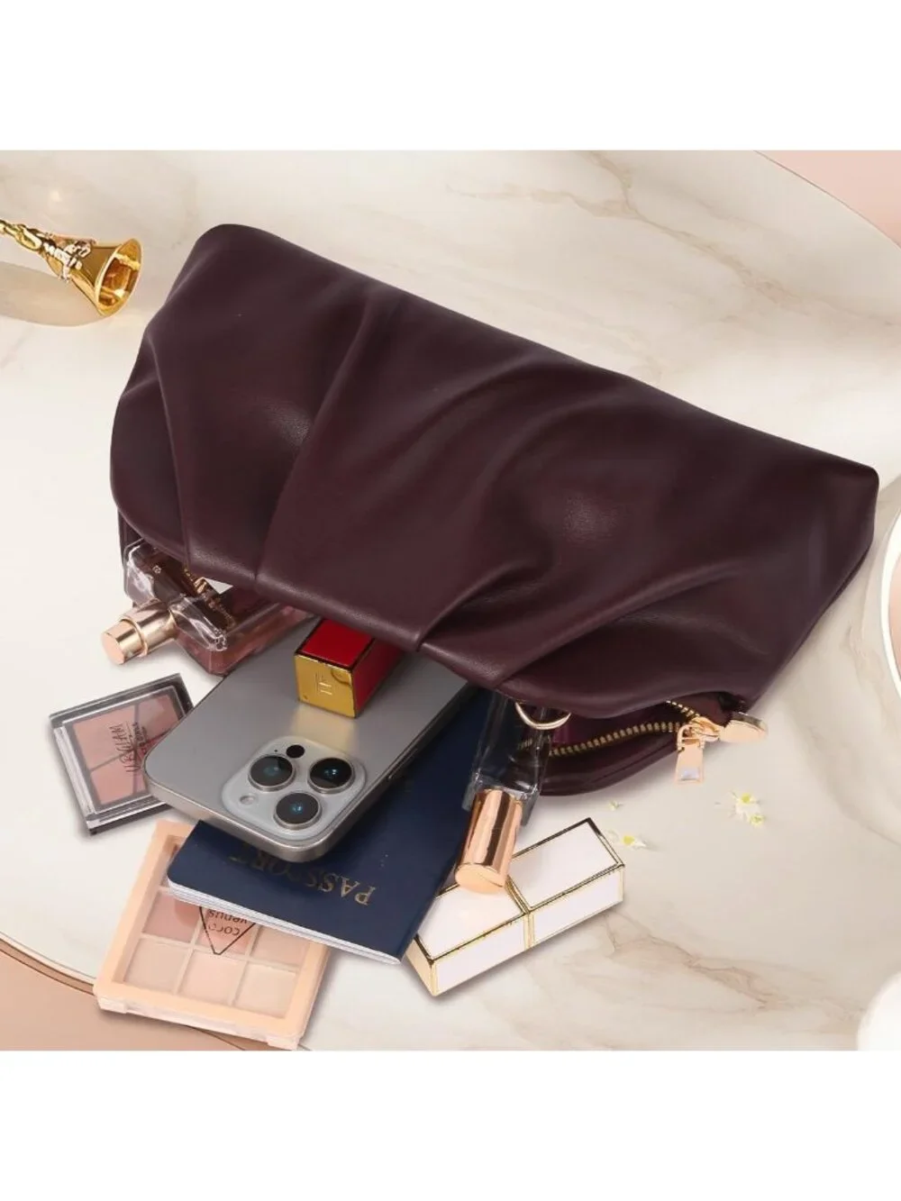 👜 Women's Wine Red Soft Pleated PU Wedding Clutch Elegant Evening Clutch Purse